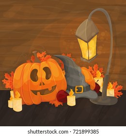 cartoon illustration for halloween - hat, lantern, pumpkin on bright background
