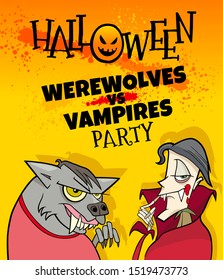 Cartoon Illustration of Halloween Holiday Event Poster or Banner Design with Comic Vampire and Werewolf Characters