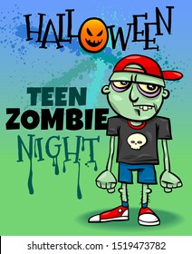 Cartoon Illustration of Halloween Holiday Event Poster or Banner Design with Comic Zombie Character