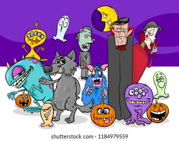 Cartoon Illustration of Halloween Holiday Monster Characters Group