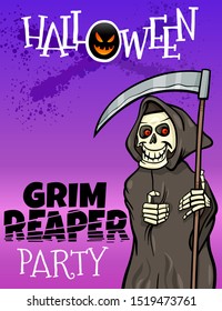 Cartoon Illustration of Halloween Holiday Party Poster or Banner Design with Comic Grim Reaper Character