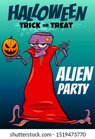 Cartoon Illustration of Halloween Holiday Party Poster or Banner Design with Comic Alien Character