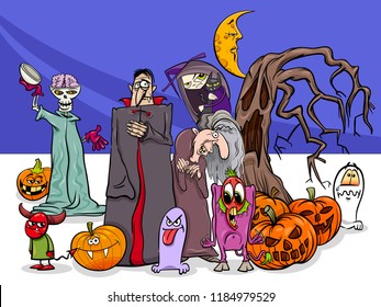 Cartoon Illustration of Halloween Holiday Scary Characters Group