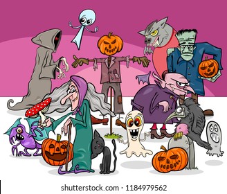 Cartoon Illustration of Halloween Holiday Spooky Characters Group