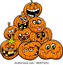 Cartoon Illustration of Halloween Pumpkins or Jack Lantern Characters Group in the Heap