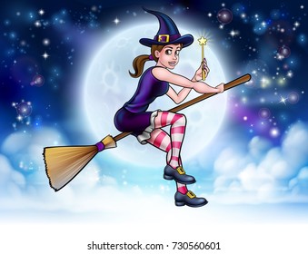 A cartoon illustration of a Halloween witch character flying on her broom stock and waving a wand with a full moon in the background