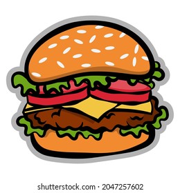 Cartoon illustration of hamburger with doodles style, best for sticker, decoration, and logo of fast food restaurant
