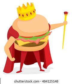 Cartoon illustration of hamburger or fast food king wearing a crown