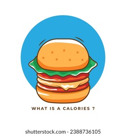 Cartoon illustration of a hamburger with the text "What is a calorie?". Suitable for designing t-shirts, jackets, hoodies, bags, etc.