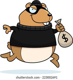 A cartoon illustration of a hamster burglar stealing money.