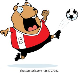 A cartoon illustration of a hamster kicking a soccer ball.