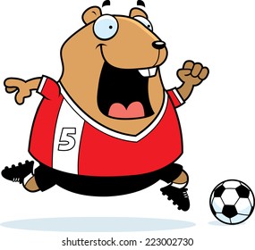 A cartoon illustration of a hamster playing soccer.