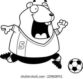 A cartoon illustration of a hamster playing soccer.