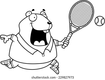A cartoon illustration of a hamster playing tennis.