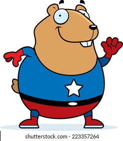 A cartoon illustration of a hamster in a superhero costume.