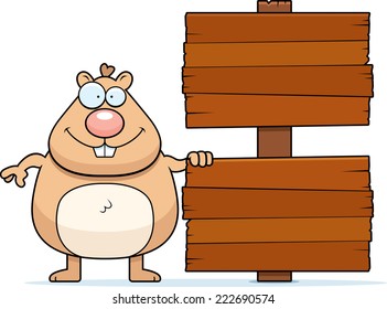 A cartoon illustration of a hamster with a wood sign.