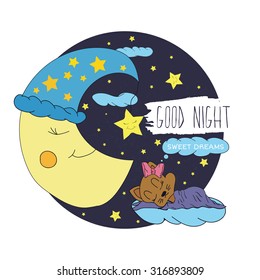 Cartoon illustration of hand drawing of a smiling moon, the stars and sleeping babies wishing good night and sweet dreams in the starry sky. Vector illustration postcard