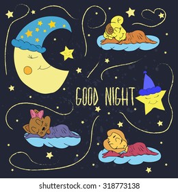 Cartoon illustration of hand drawing of a smiling moon, the stars and sleeping babies wishing good night in the starry sky. Vector illustration
