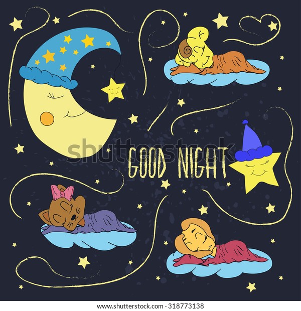 Cartoon illustration of hand drawing of a\
smiling moon, the stars and sleeping babies wishing good night in\
the starry sky. Vector\
illustration