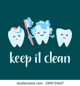 Cartoon illustration with hand drawn vector lettering and cute teeth. Trendy flat style characters and healthcare and protection teeth motivational quote.