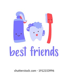 Cartoon-Illustration mit handgezeichneter Vektorschrift und süßen Zähnen, Zahnpasta und Zahnbürste. Trendy flache Schriftzeichen und Gesundheitsschutz und Schutzzähne motivierendes Zitat.