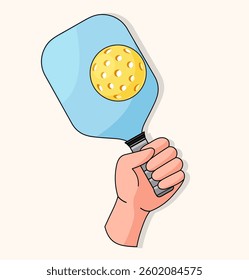 Cartoon illustration of a hand holding a blue pickleball paddle with a yellow perforated ball, creating a fun and sporty design