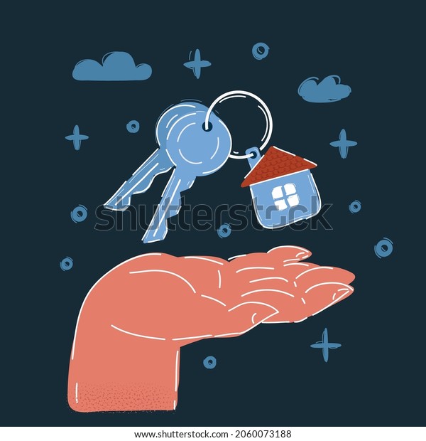 Cartoon illustration of hand holding\
house keys. Real estate concept on dark\
backround.