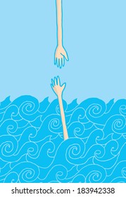 Cartoon illustration of a hand reaching for help at the sea