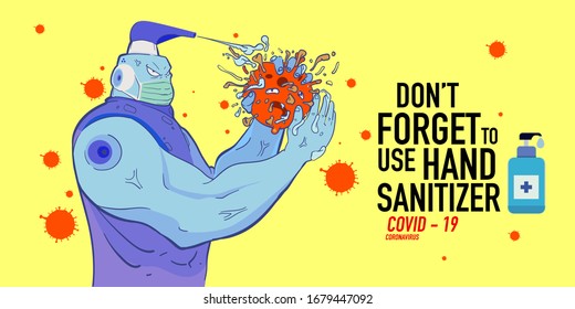 Cartoon Illustration of hand sanitizer superhero attack corona virus, cover-19. 