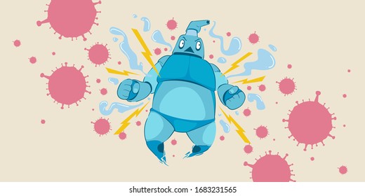 Cartoon Illustration of hand sanitizer superhero attack corona virus, cover-19. 
