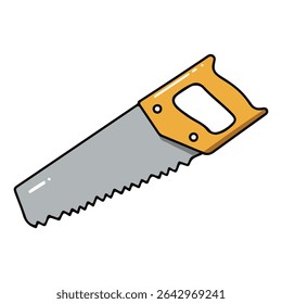 Ilustração em desenho animado de uma serra manual com um cabo amarelo. Um ícone de ferramenta comum para projetos de marcenaria, construção, corte e bricolagem. Gráfico simples para temas de hardware ou artesanato.