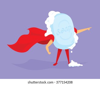 Cartoon illustration of hand soap super hero with cape