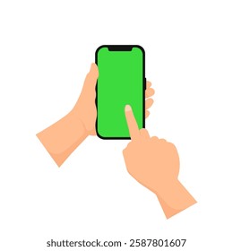  cartoon illustration of a hand touching a smartphone screen in a flat modern design isolated on a white background