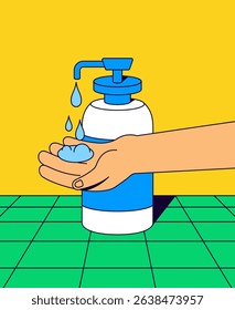 Cartoon illustration of a hand using liquid hand sanitizer from a pump bottle on a tiled surface, promoting cleanliness and hygiene. Bright yellow background with bold outlines and playful style