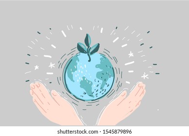 Cartoon illustration of a hands holding earth