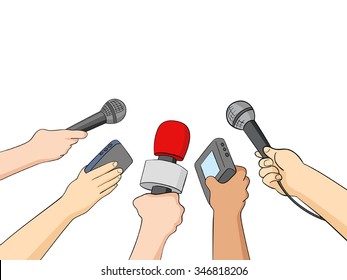 Cartoon illustration of hands holding microphones and recorders for journalism or press symbol