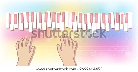 Cartoon illustration of hands playing a stylized piano keyboard with pink accents, against a bright, colorful background with musical notes. Perfect for music, learning, or whimsical design.