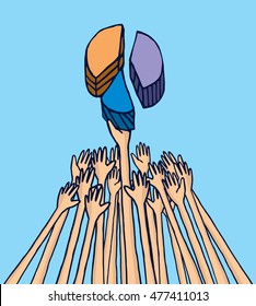 Cartoon illustration of hands struggling to get more market share