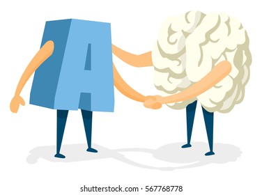 Cartoon illustration of handshake between brain and letter