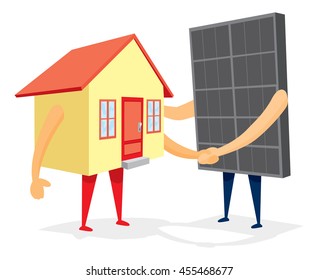 Cartoon illustration of handshake between house and solar panel 