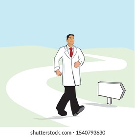 Cartoon Illustration Of A Handsome Doctor Walking In A Path