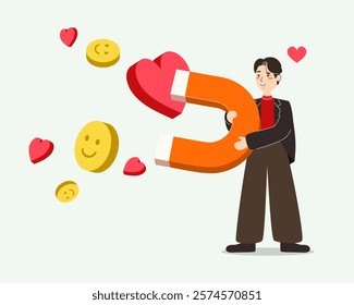 Cartoon Illustration Of A Handsome Man Using A Magnetic Heart Shape To Attract Likes And Followers. Conceptual Design For Social Media Marketing, Engagement, Viral Campaigns, And Online Influence.