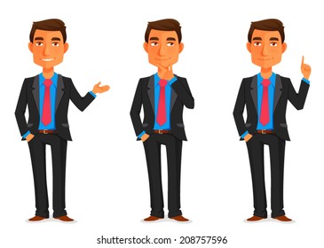Cartoon Illustration Of A Handsome Young Businessman In Various Poses. Young Man In Business Suit, Gesturing For Presentation.