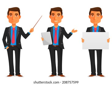 cartoon illustration of a handsome young businessman in various poses. Young man in business suit, holding a pointing stick, tablet or blank paper. Isolated on white.