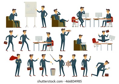 cartoon illustration of a handsome young businessman in various poses vector art