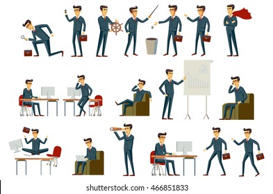 cartoon illustration of a handsome young businessman in various poses vector art