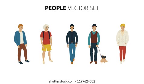 Cartoon illustration of a handsome young man in various poses. Fashion people street casual style