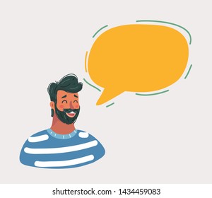 Cartoon illustration of Handsome young man with beard face with speech bubble and smiling on white background.