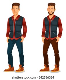 cartoon illustration of a handsome young man in outdoor outfit, red checkered shirt, vest and jeans. Isolated on white. Vector eps file.