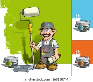 Cartoon illustration of a handyman - Painter standing by a paint bucket & a paint tray, holding a paint roller in front of a half-painted wall.  EPS10, all presented colors included in separate layers